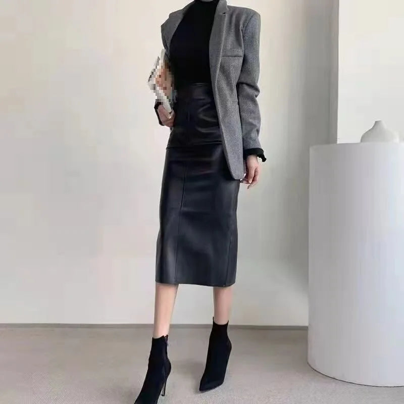Jupe en cuir marron taille haute mi-longue à jambe droite pour femmes