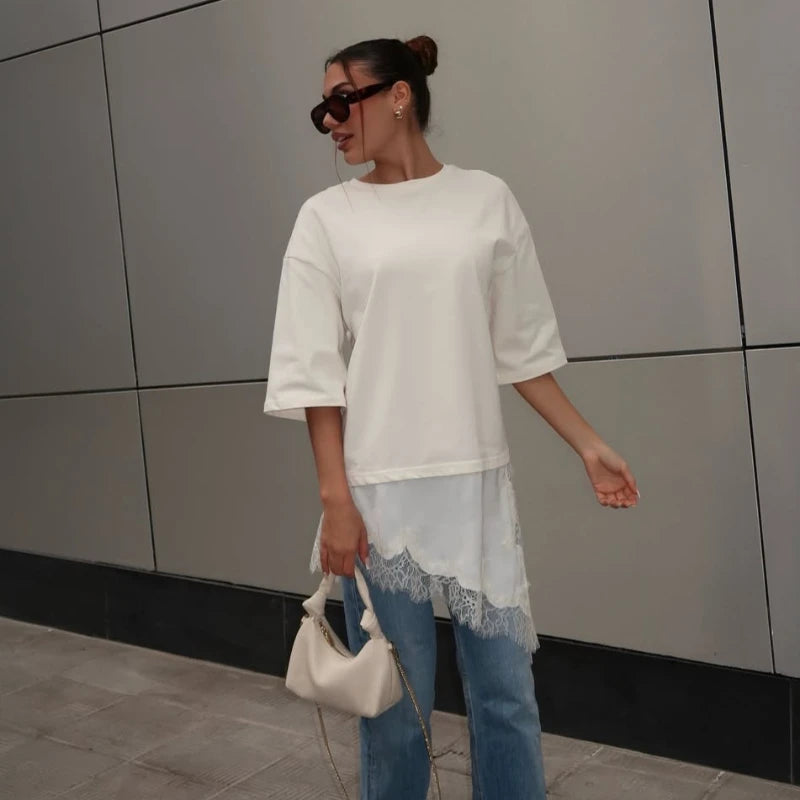 T-shirt en dentelle patchwork pour femmes