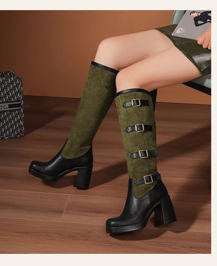 Bottes mi-mollet en PU givré avec boucle de ceinture à cinq rangées et talon ultra-haut pour femmes