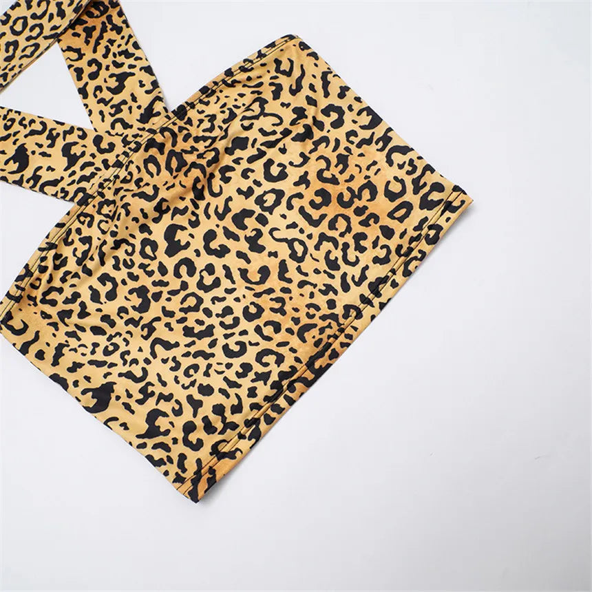 Ensemble 2 pièces imprimé léopard sauvage débardeur sans bretelles + Leggings assortis pour femmes