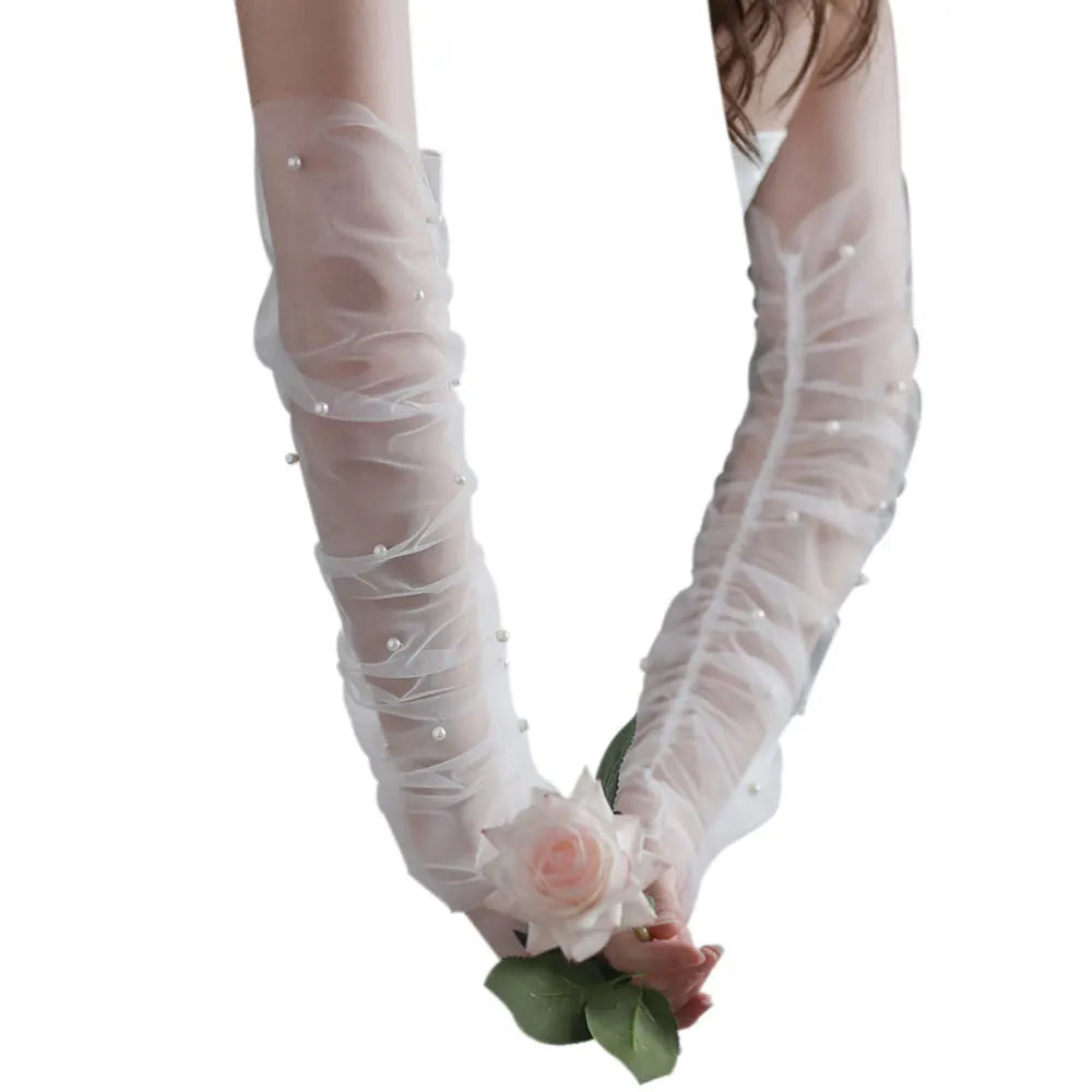 Gants longs tulle avec perles pour femmes