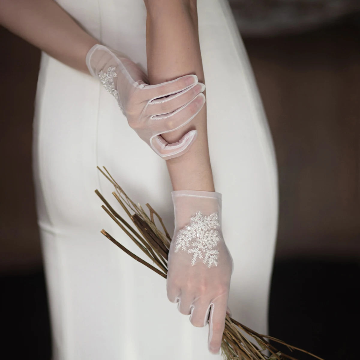 Gants de mariée en tulle doux et perles de cristal pour femmes