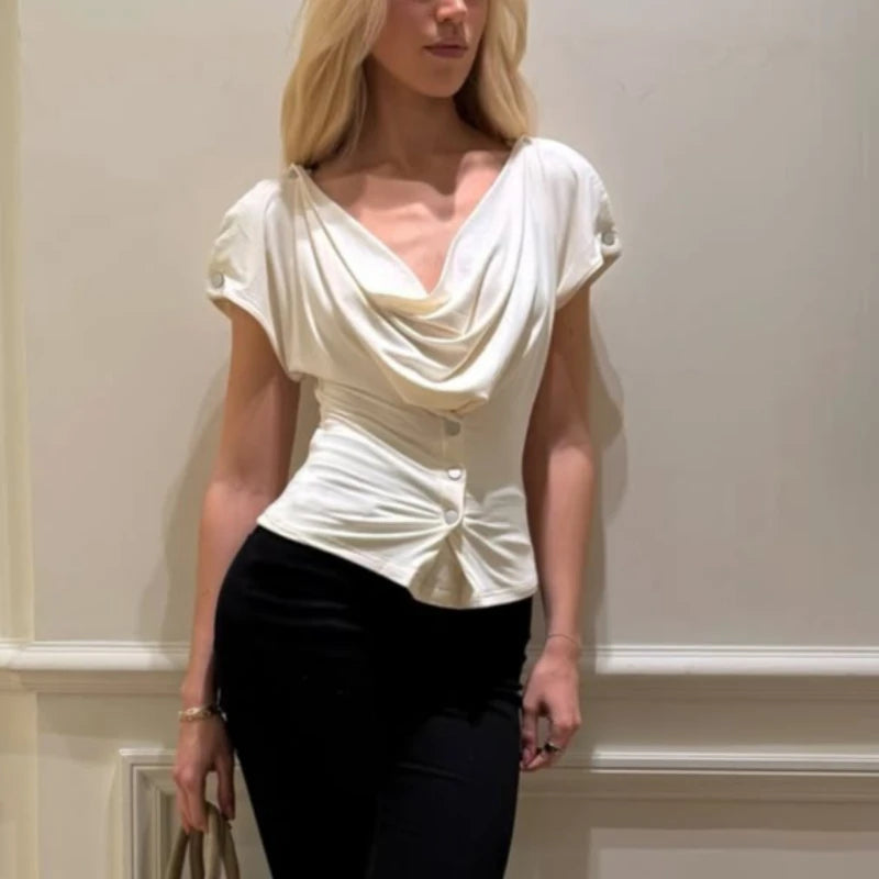 T-shirt court décontracté à col en V pour femmes
