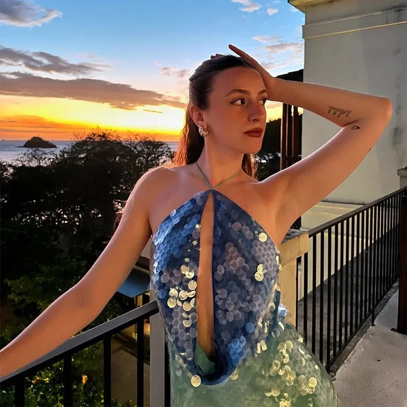 Robes de plage à paillettes licou évider pour femmes