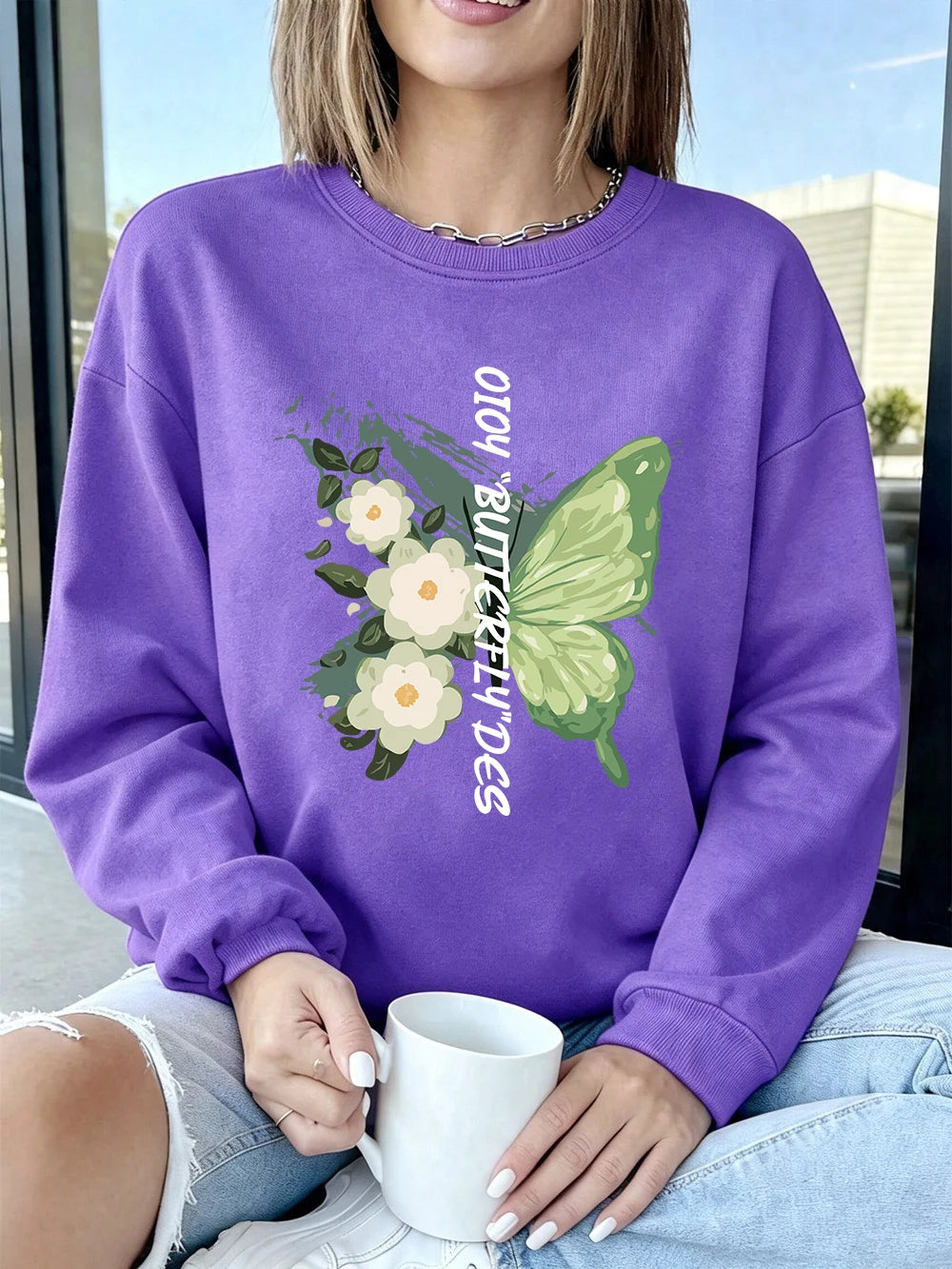 Sweat-shirts imprimés de fleurs de papillons verts pour femmes