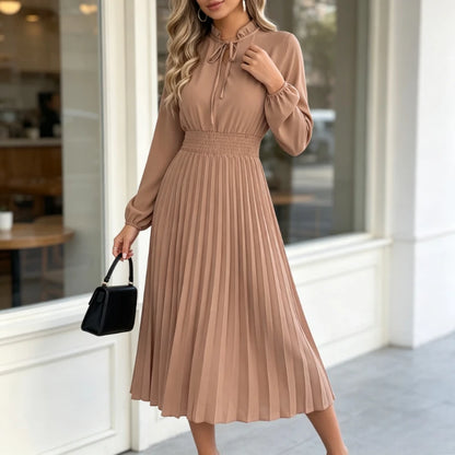 Robe Midi Plissée Femme – Manches Lanternes et Taille Smockée