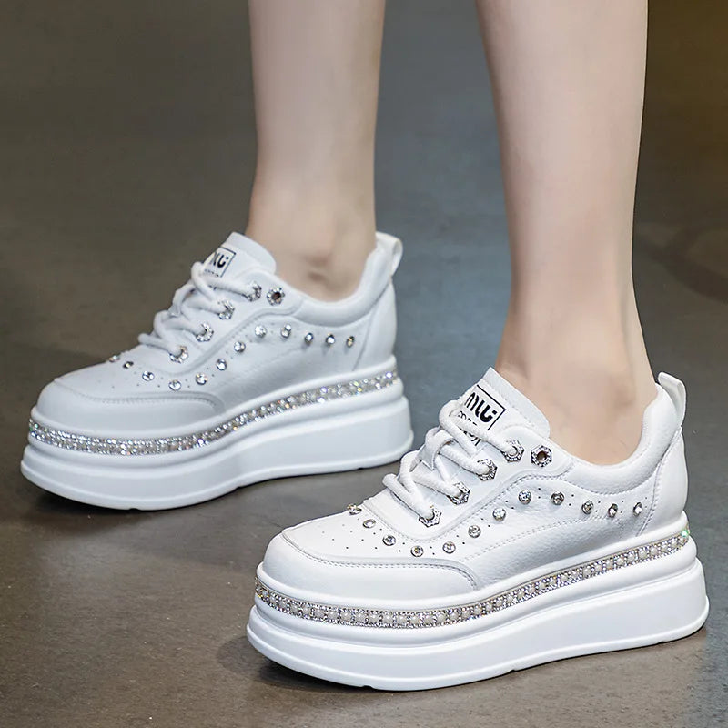 Baskets en cuir véritable compensée et strass pour femmes