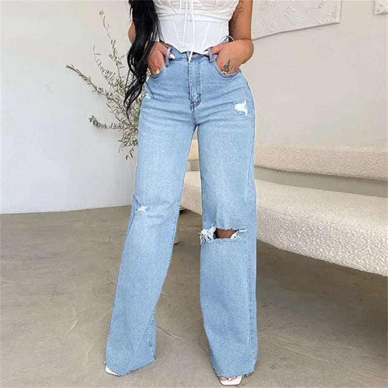 Jean avec trous au genou droit taille haute pour femmes