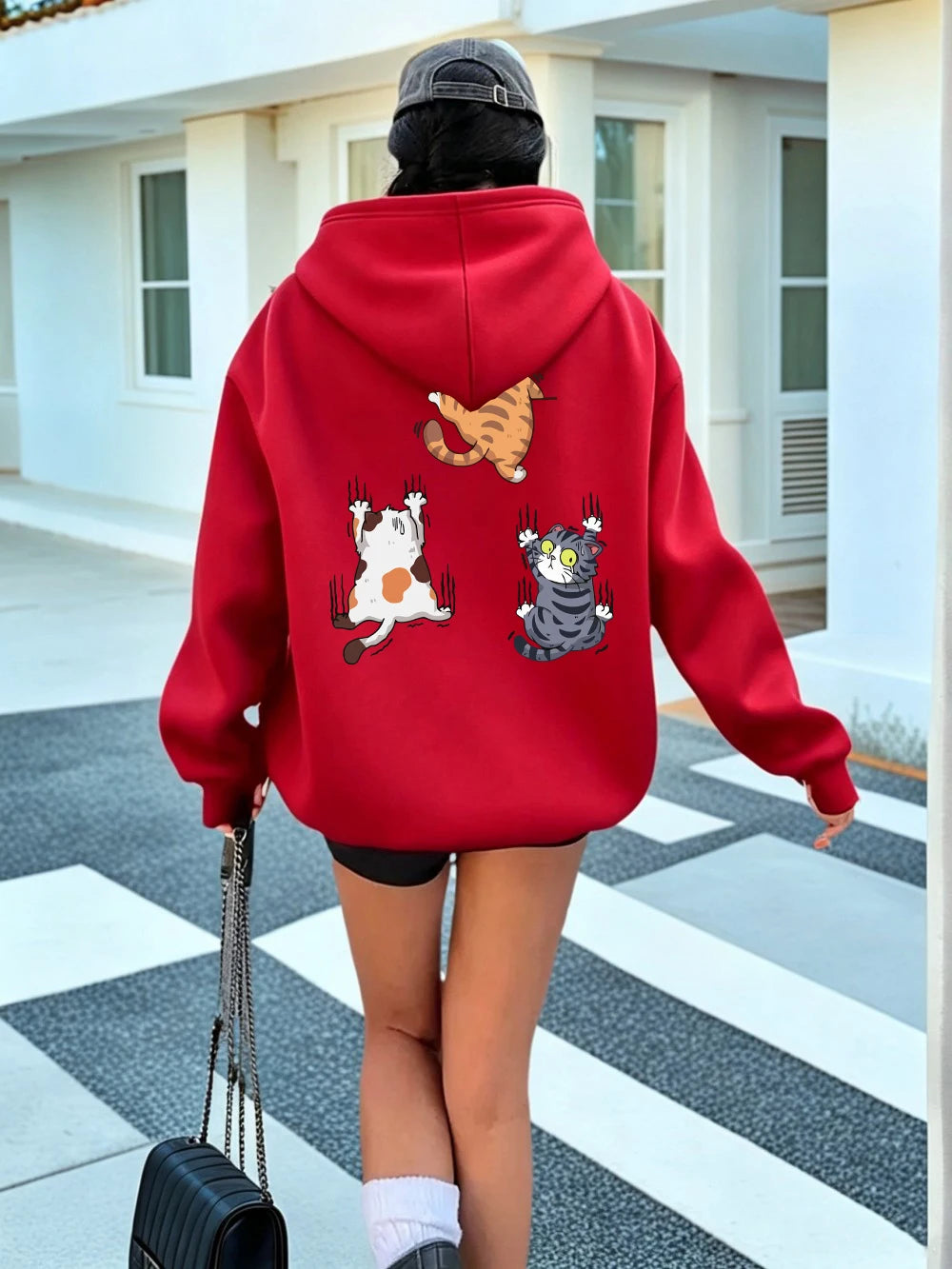 Sweat à capuche imprimé « Trois chats qui grimpent » pour femmes