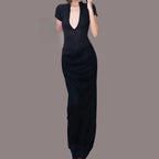 Robe longue sexy à manches courtes et taille croisée pour femmes