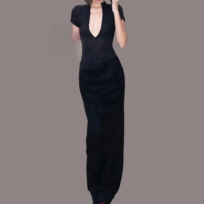 Robe longue sexy à manches courtes et taille croisée pour femmes