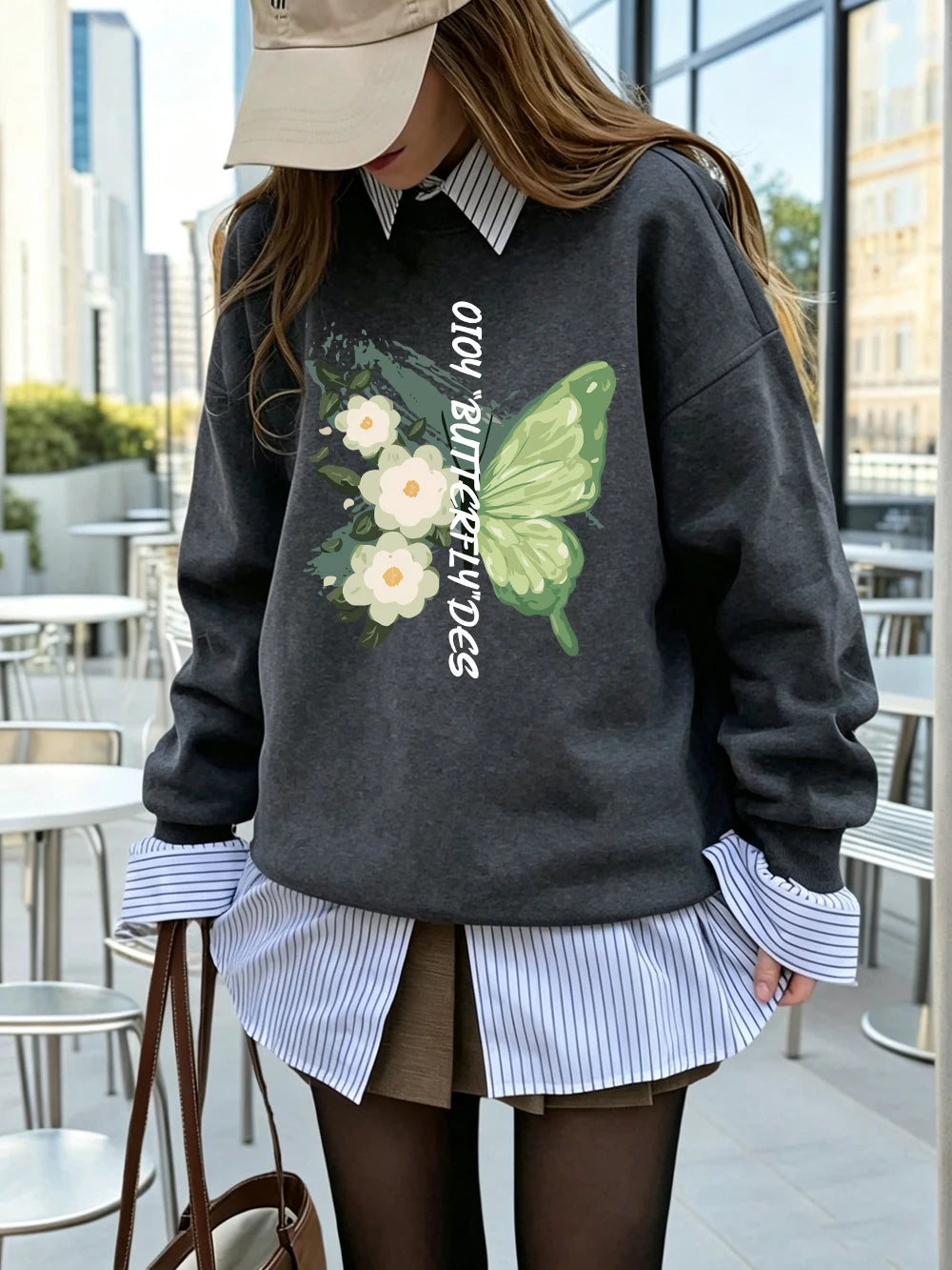 Sweat-shirts imprimés de fleurs de papillons verts pour femmes