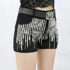Short en jean noir à paillettes et pompons pour femmes