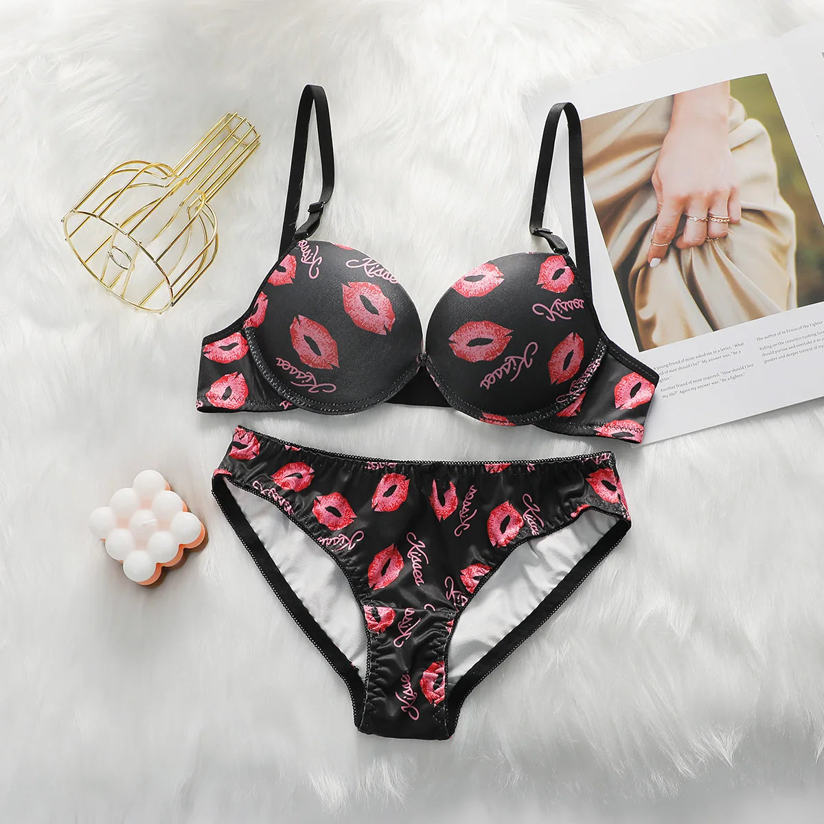 Ensemble de lingerie sexy à motif de lèvres pour femmes