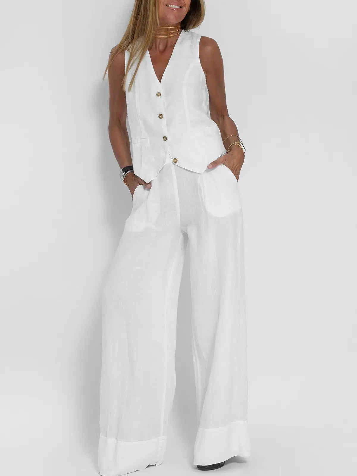 Ensemble deux pièces débardeur et pantalon en coton et lin pour femmes