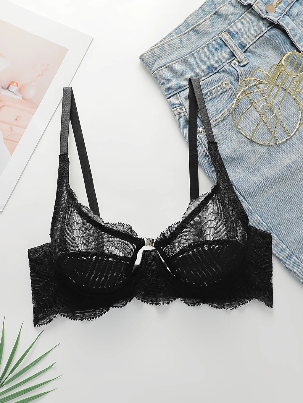 Soutien-gorge sexy en dentelle ultra-fine à boutons sur le devant pour femmes