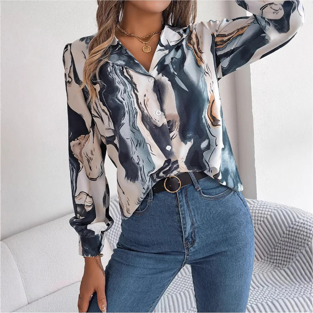 Chemisier Imprimé Marbre Femme – Boutonné et Élégant