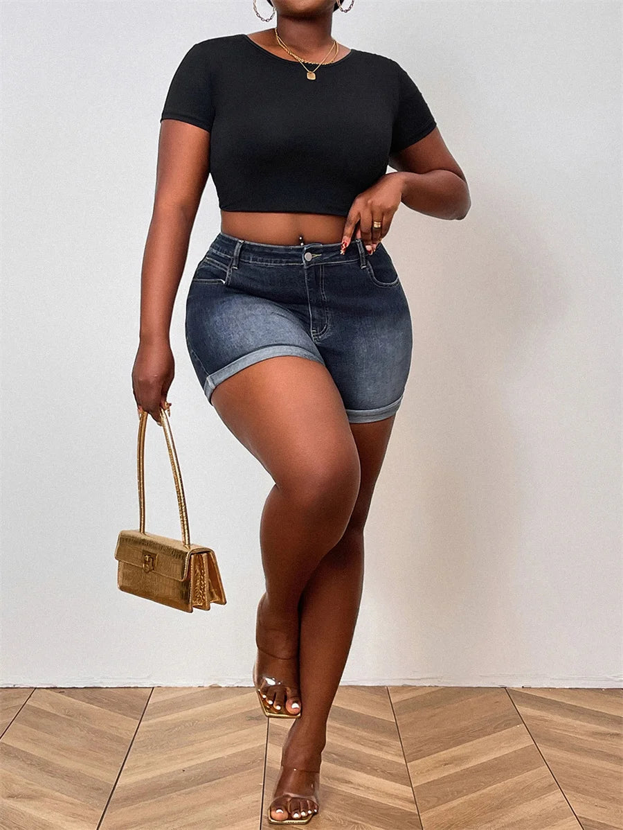 Short en jean grande taille style rétro américain à ourlet roulé pour femmes