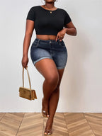 Short en jean grande taille style rétro américain à ourlet roulé pour femmes