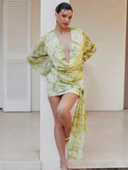 Mini robe élégante à col en V profond drapé froncé pour femmes