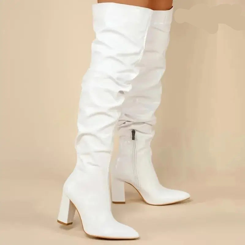 Bottes hautes à talons carrés et fermeture éclair pour femmes
