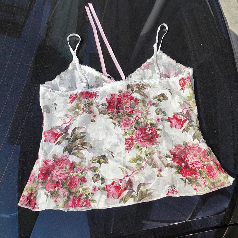 Débardeur en maille transparente à imprimé floral pour femmes