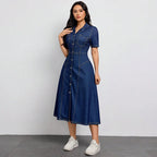 Robe longue en jean à simple boutonnage et col cranté pour femmes
