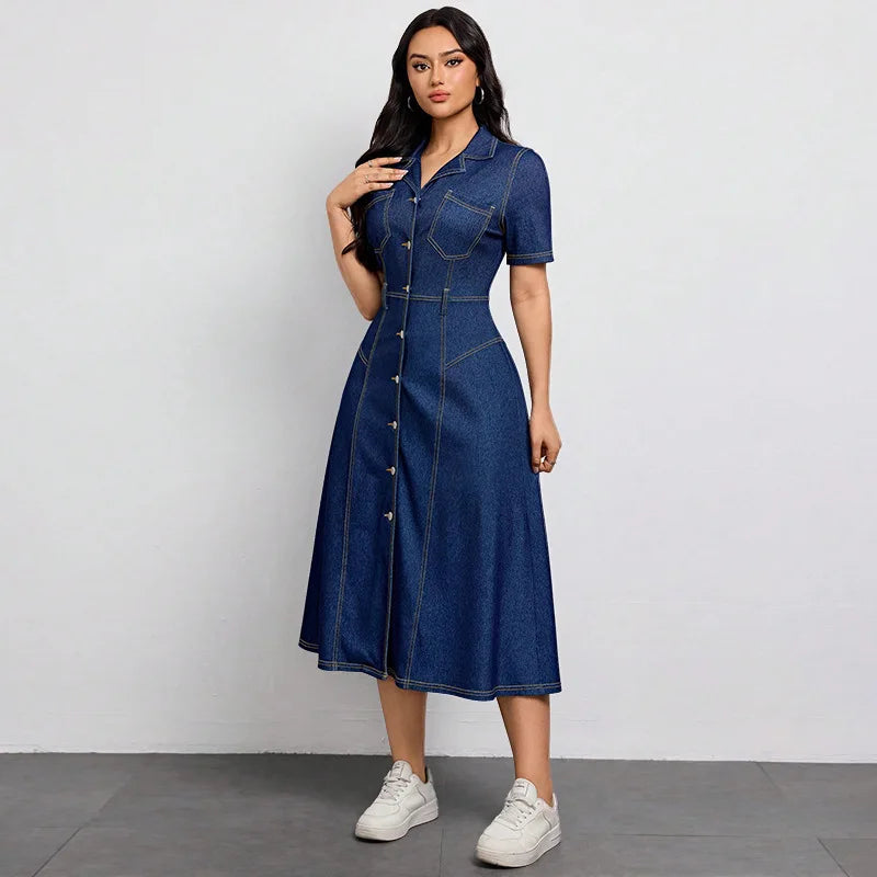 Robe longue en jean à simple boutonnage et col cranté pour femmes