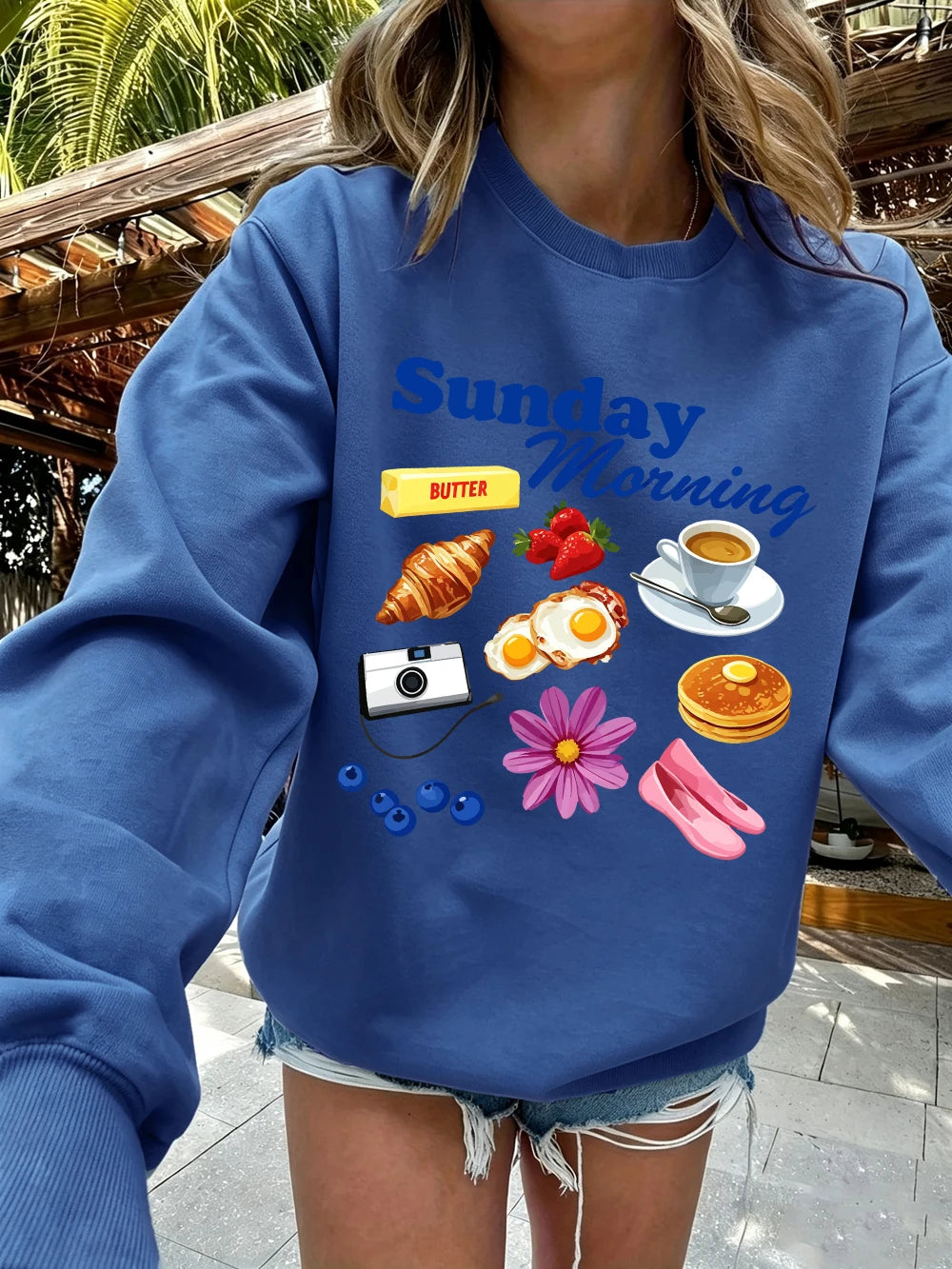 Sweat-shirts imprimés pour le dimanche matin, pulls à capuche sportifs à col rond pour femmes