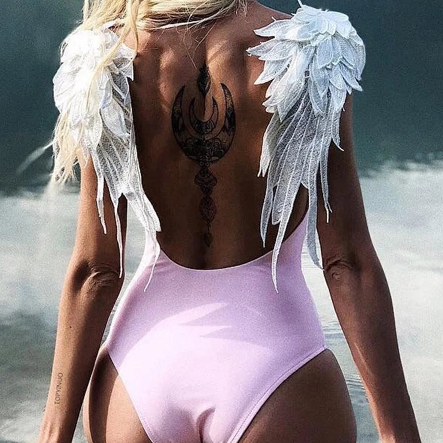 Maillot de bain une pièce à dos ouvert et ailes d'ange pour femmes