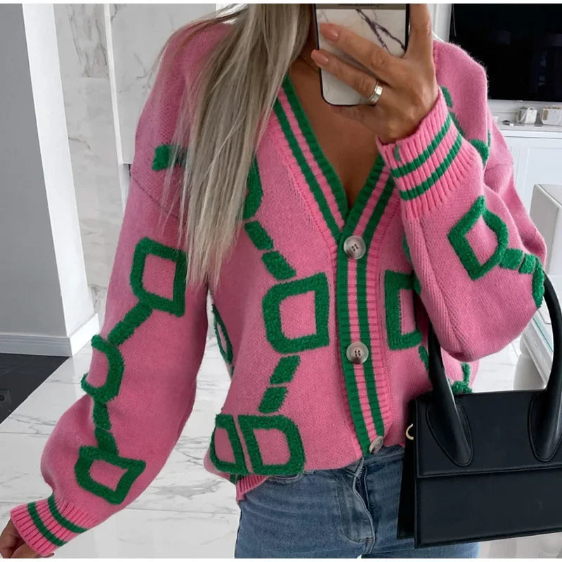 Gilet cardigan rose à rayures pour femmes