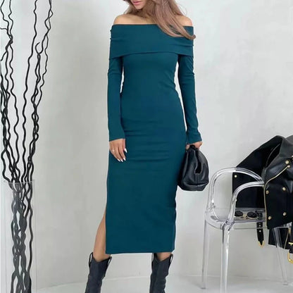 Robe longue femme moulante à col Bardot et manches longues