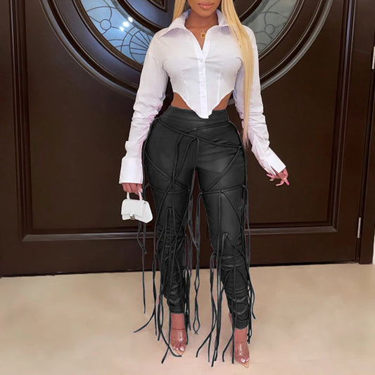 Pantalon slim femme taille haute en simili cuir zippé à pompon