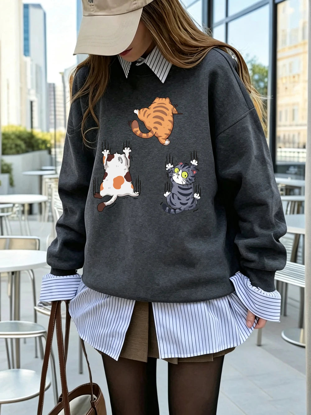 Sweat-shirt à capuche imprimé « Trois chats qui grimpent » pour femmes
