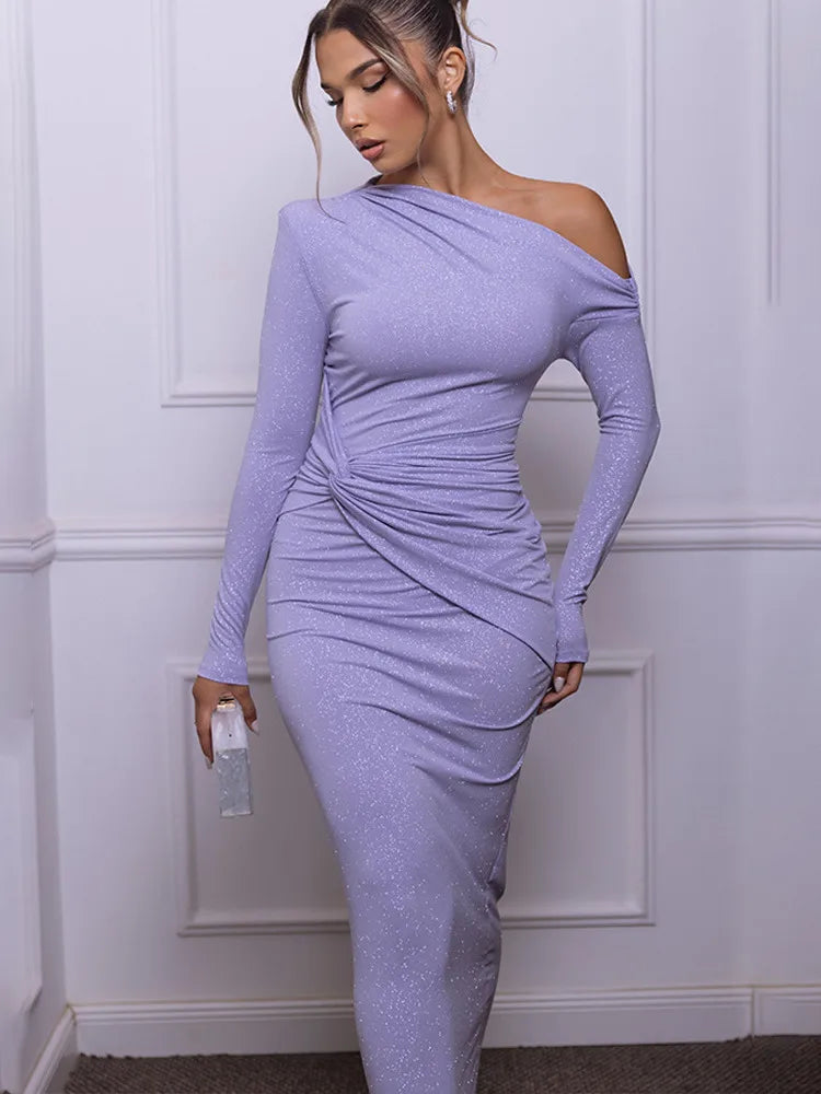 Robe de soirée moulante et plissée brillante à manches longues pour femmes