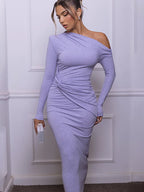 Robe de soirée moulante et plissée brillante à manches longues pour femmes