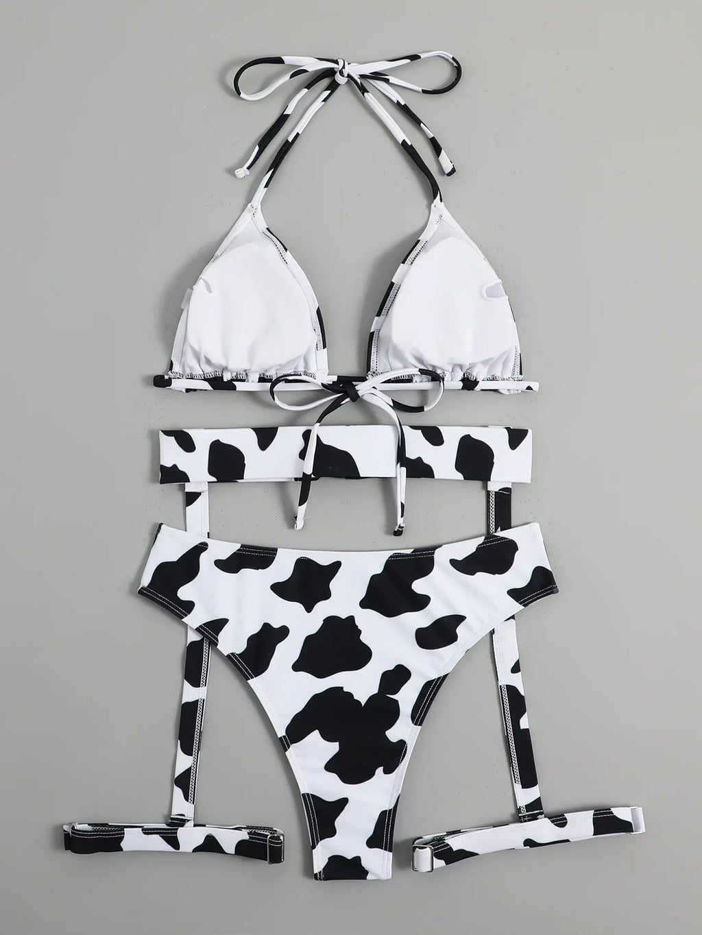 Maillot de bain 3 pièces imprimé vache soutien-gorge push up et culotte taille haute pour femmes