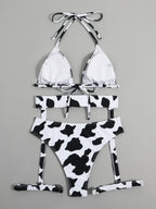 Maillot de bain 3 pièces imprimé vache soutien-gorge push up et culotte taille haute pour femmes