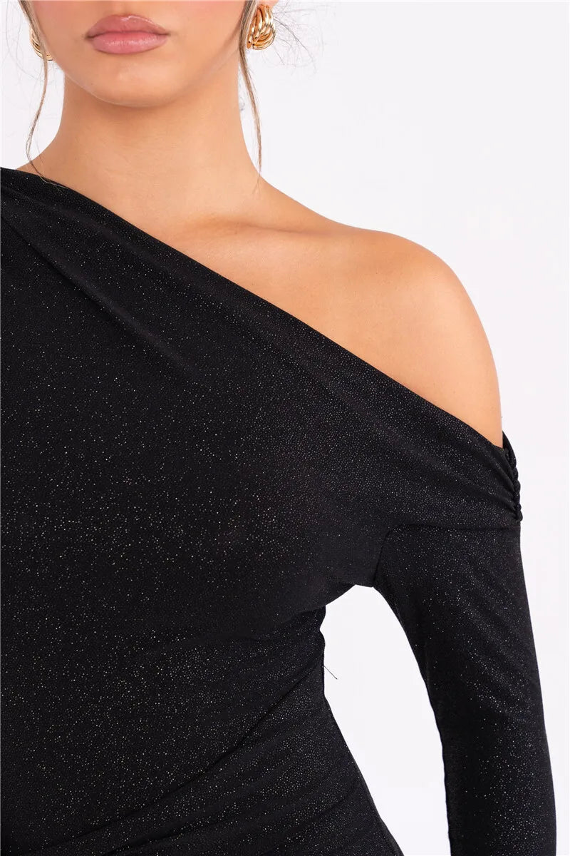 Robe longue sexy à manches longues et paillettes pour femmes