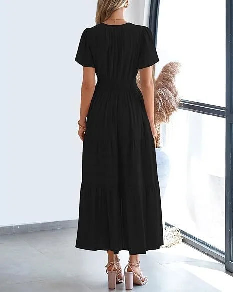 Robe longue plissée élégante style français à col en V pour femmes