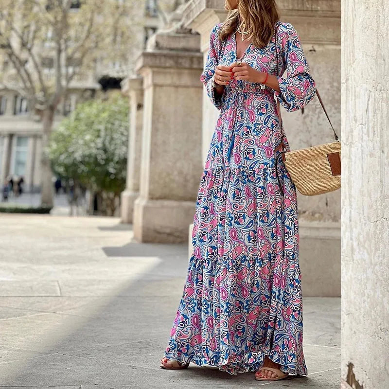 Robe longue bohème à imprimé floral et col en V pour femmes