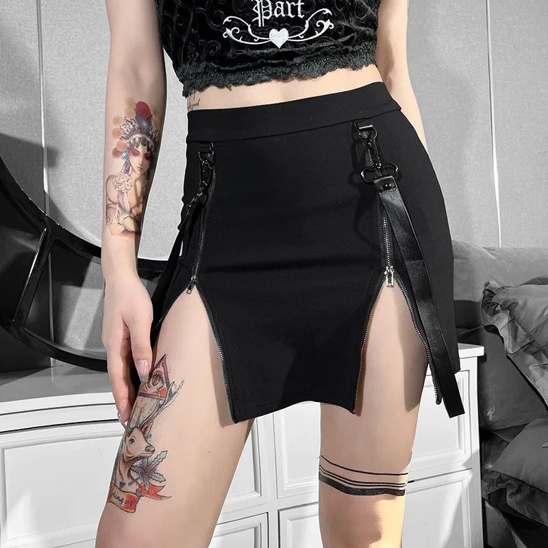 Mini-jupe gothique foncée style A-line avec fentes zippées double face pour femmes