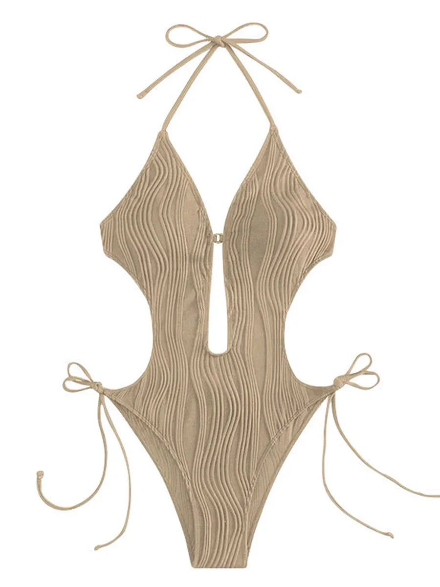 Maillot de bain une pièce sexy, col en v déformé  pour femmes