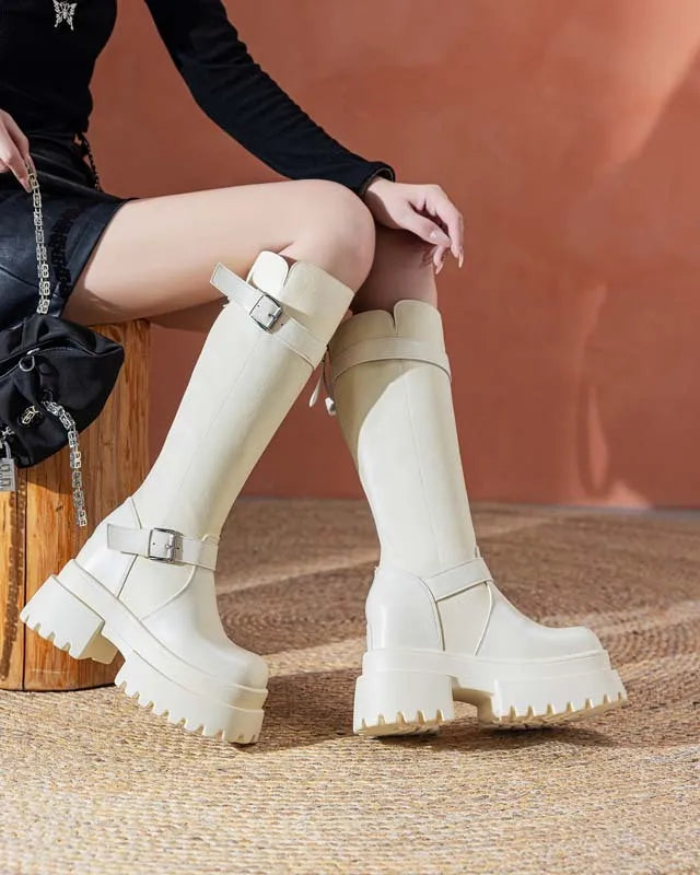 Bottes hautes en cuir véritable à fermeture éclair pour femmes
