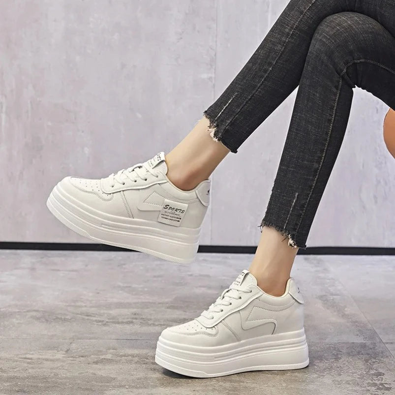Baskets compensées à plateforme en cuir véritable pour femmes