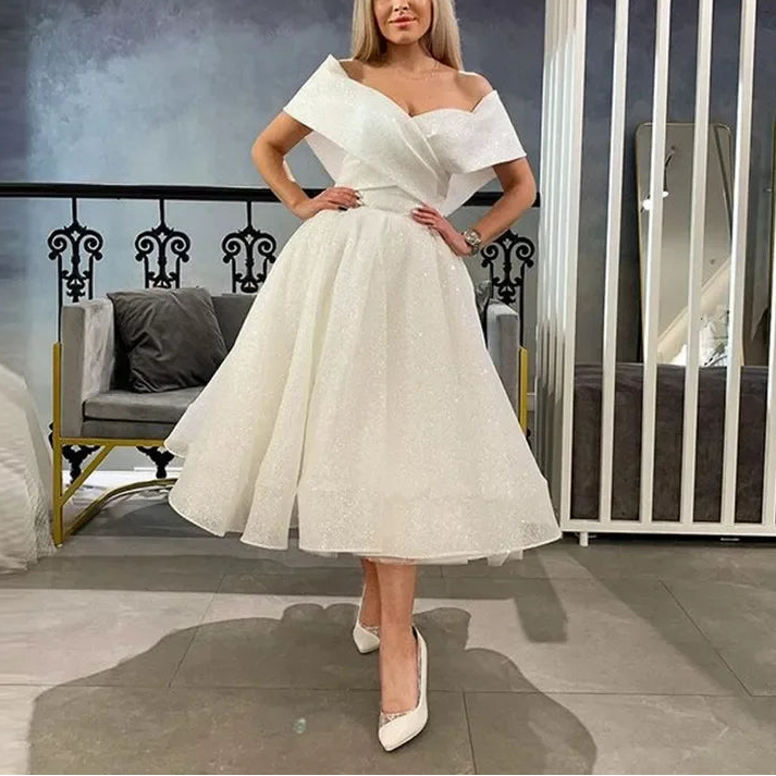 Robe de mariée courte trapèze à paillettes pour femmes