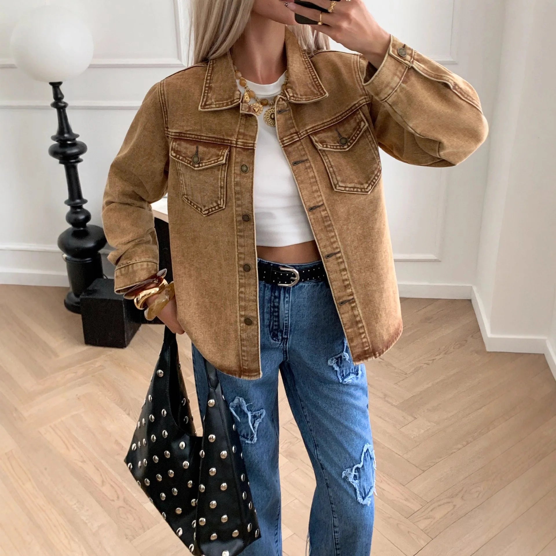 Veste en jean décontractée à manches longues pour femmes