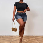 Short en jean grande taille style rétro américain à ourlet roulé pour femmes