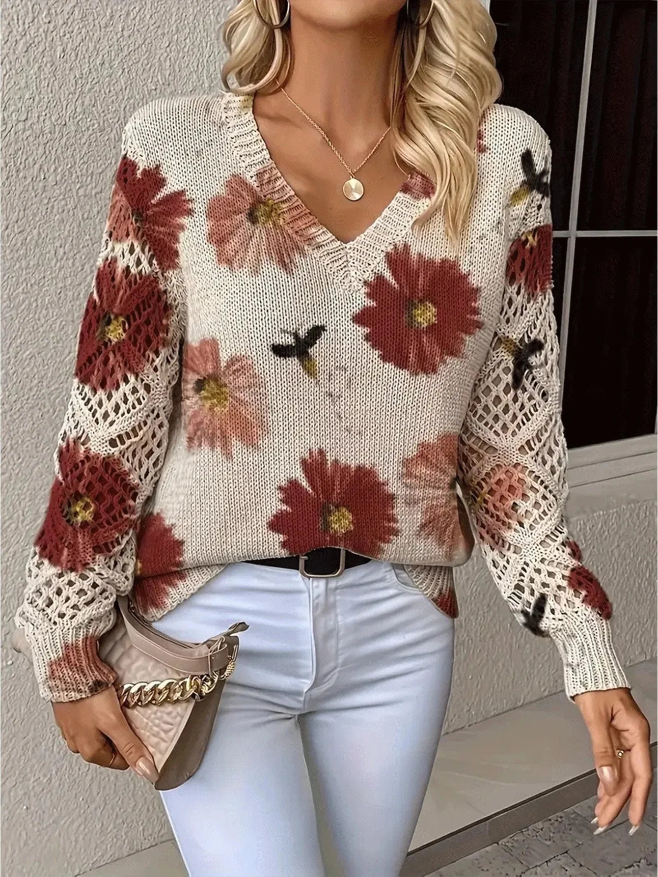 Pull à manches longues et col en v pour femmes