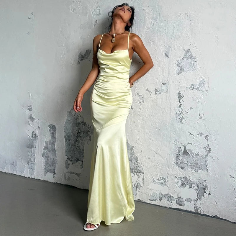 Robe longue moulante sexy dos nu à fines bretelles et lacets taille haute pour ,femmes